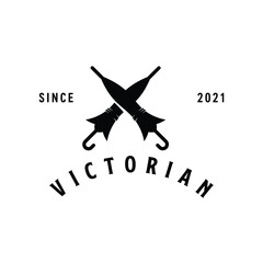 crossed umbrella gentleman Victorian accessory logo design vector illustration stamp label 