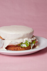 pancakes with meat, lettuce leaves and vegetables, a hot dish for lunch, pastries with sour cream