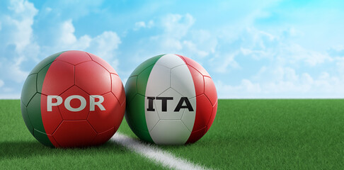 Italy vs. Portugal Soccer Match - Leather balls in Italy and Portugal national colors. 3D Rendering 