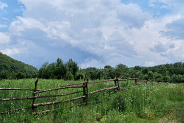 Fototapeta na wymiar Rural area and tottering fence encloses clearing. Old wooden fence made of twigs and sticks in village on abandoned farm is overgrown with grass and wild flowers.