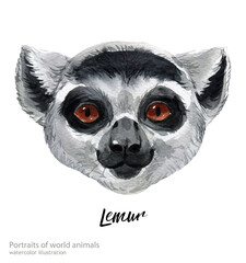Watercolor art handmade portrait of animals isolated on white background. Watercolor hand-drawn illustration. Lemur