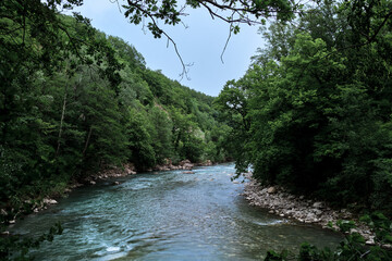 Wide river among mountains of gorge and green vegetation around. Stormy mountain river with bluish tinge from sky flows quickly through rocky gorge and washes away everything in its path.