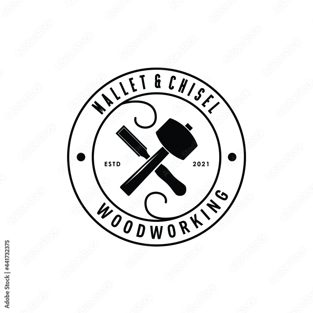 Wall mural crossed mallet wooden hammer with chisel woodworking logo design vector label stamp sticker badge