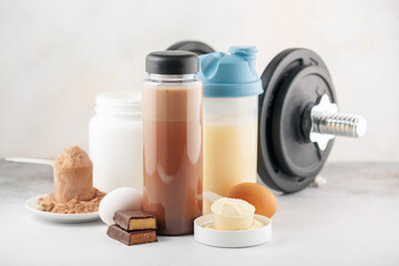 Protein sport shake, powder, eggs and bar. Fitness food and drink. Diet