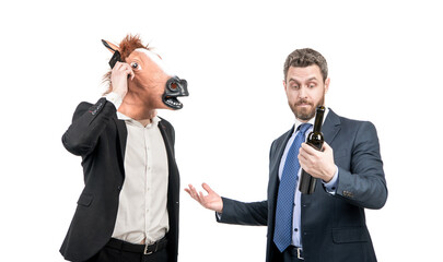 Man in horse head talk on phone while manager drink wine celebrating corporate party, celebration