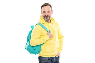 ready to study. caucasian man in yellow hoody with school bag. education for adult.