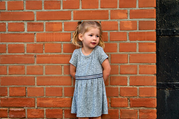 Little beautiful girl in a gray dress on a background of an orange brick wall. Space for text and copy space. The child stands in a gray dress and looks forward.