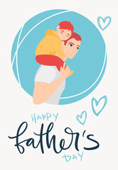 Happy Father's Day! Cartoon illustration with dad and son. Cute holidays poster, greeting card or banner blue circle background.