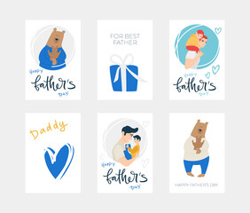 Vector illustration character set, in concept of Father's Day. Present, A bear hugs his son, blue heart with the words 