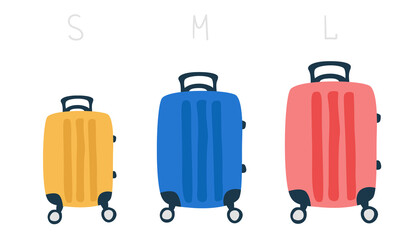 Set of suitcases of different sizes. S, M, L size detailed rolling suitcase. Small, medium and large luggage suitcases. Vector cartoon illustration.