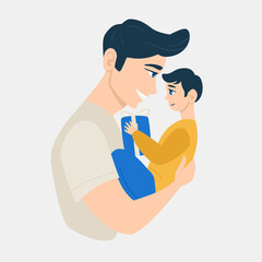Happy Father's Day! Cartoon illustration with dad and son. Cute holidays poster, postcard or banner. The child is in the arms of the father.