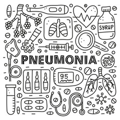 Poster with lettering and doodle outline pneumonia icons .