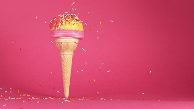 Super slow motion of tasty ice cream in waffles in cone,colored sprinkles falling down, pink background. Filmed on high speed cinematic camera at 1000 fps.