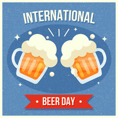 Mugs of beer with foam, clink glasses. International Beer Day. A postcard with a beer mug, an alcoholic drink and wheat. Design of a greeting card, icons, happy beer day. Modern illustration, logo for