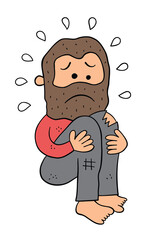 Obraz premium Cartoon homeless man crouching and very sad, vector illustration