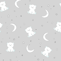 seamless pattern for baby fabric, cute bears, moon and stars in gray on a white blue grey background