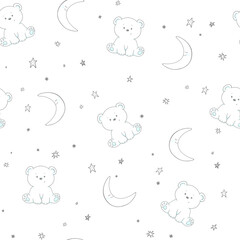 seamless pattern for baby fabric, cute bears, moon and stars in gray on a white blue grey background