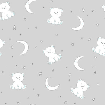 seamless pattern for baby fabric, cute bears, moon and stars in gray on a white blue grey background © Irina Sevriugina