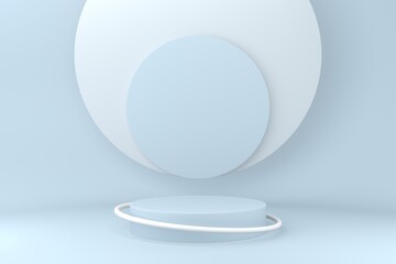Blue pedestal or podium on pastel blue background for product demonstration.  3D rendering.
