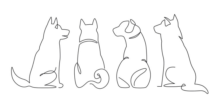 Continuous One Line Drawing of sitting dog from back. Hand drawn illustration, back view set of dog outline icons. Cute pets