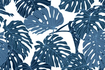 Seamless blue monstera pattern. Jungle print design for fabric, wallpaper fashion natural, tropic, exotic bakground. © olechkaart