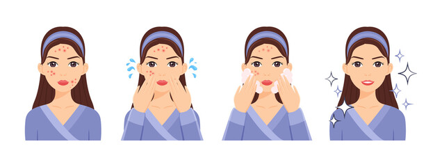 Attractive Girl take Care of her Problem Skin. Acne and Pimple Treatment. The Woman Washes her Face and applies Soapy Foam. Flat cartoon style. White background. Vector stock illustration.