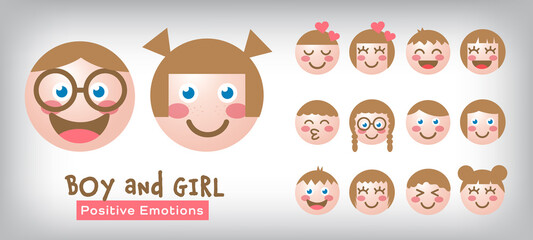 Set of smiling faces of kids. Illustration of cute boys and girls faces showing happy and positive 
emotions, Illustration Vector EPS10.