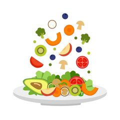 Vegetables and fruits in plate in flat design. Salad bar for healthy meal. Vegetarian dish. Healthy food on white background.