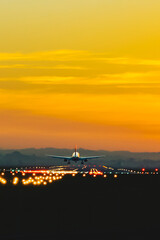 The plane takes off from the airport runway during sunset at dusk - 441737555