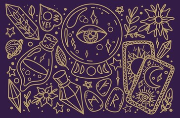 Hand drawing lineart doodle set of magical stuff golden in purple background. Use for card, invitation, design, pattern, postcard, poster, stickers, tattoo, print