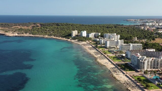An aerial view Cala Millor beach on Mallorca island in the Mediterranean Sea