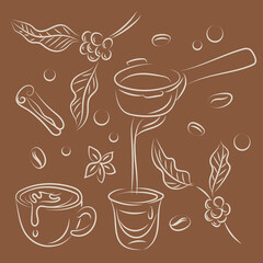 Set drinks. Coffee, cappuccino and coffee beans. Simple linear drawing background.