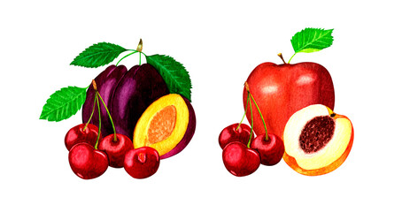 Set with two compositions of garden fruits and berries.Watercolor illustration on white background.Organic and healthy food.