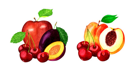 Set with two compositions of garden fruits and berries.Watercolor illustration on white background.Organic and healthy food.