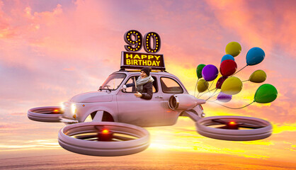 90 Jahre – Geburtstagskarte mit fliegendem Auto
