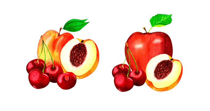Set with two compositions of garden fruits and berries.Watercolor illustration on white background.Organic and healthy food.