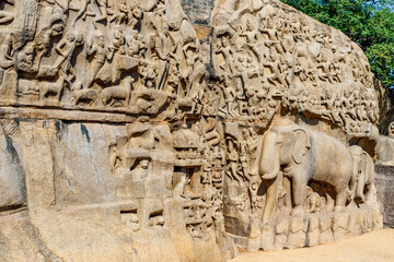 Arjuna's Penance in  Mamallapuram, an Unesco World Heritage Site in Tamil Nadu, South India, Asia