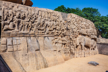 Arjuna's Penance in  Mamallapuram, an Unesco World Heritage Site in Tamil Nadu, South India, Asia