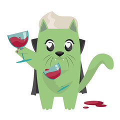 Cat in Count Dracula costume. Halloween character in cartoon style