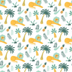 African childish pattern. Lion wild animal, jungle palm tree, cute tropical palms background. Cartoon lion