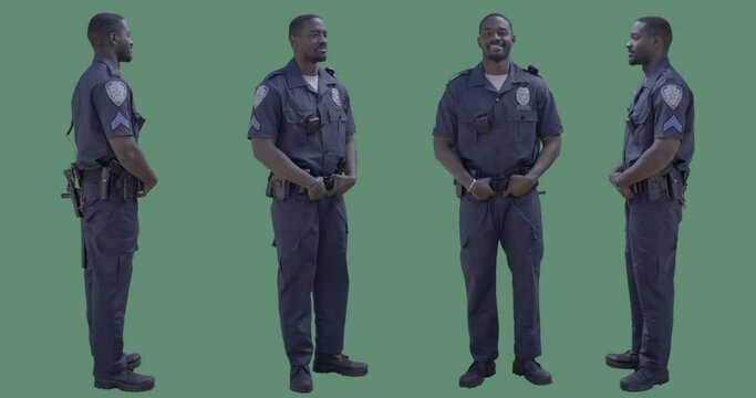 CHROMA KEY GREEN SCREEN Black African American police officer standing and talking against green background. Crowd replication
