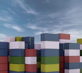 Fototapeta premium Stack of containers in a harbor with blue sky on background. 3d render