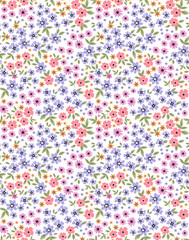 Vintage floral background. Floral pattern with small colorful flowers on a white background. Seamless pattern for design and fashion prints. Ditsy style. Stock vector illustration.