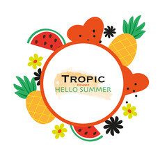 Tropic circle frame. Flat illustration. Design for packing, summer mood. Fresh fruits. 
Vector for design your awesome text.