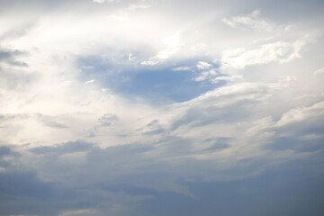 空の風景(曇り空) 光を浴びて輝く雲から覗く青空