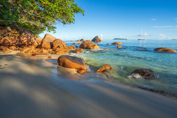 tropical beach anse lazio on praslin on the seychelles - obrazy, fototapety, plakaty