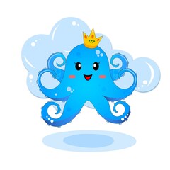 Blue octopus with yellow crown and blue background