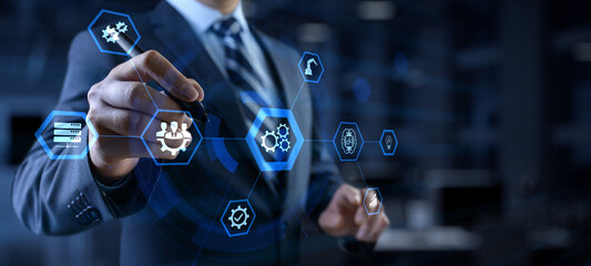 Gears icons business process automation innovation technology concept. Businessman pressing button on screen.