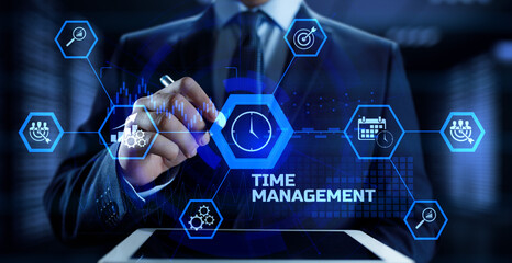 Time management planning productivity business concept. Businessman pressing button.