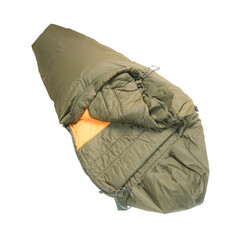 green sleeping bag on a white background